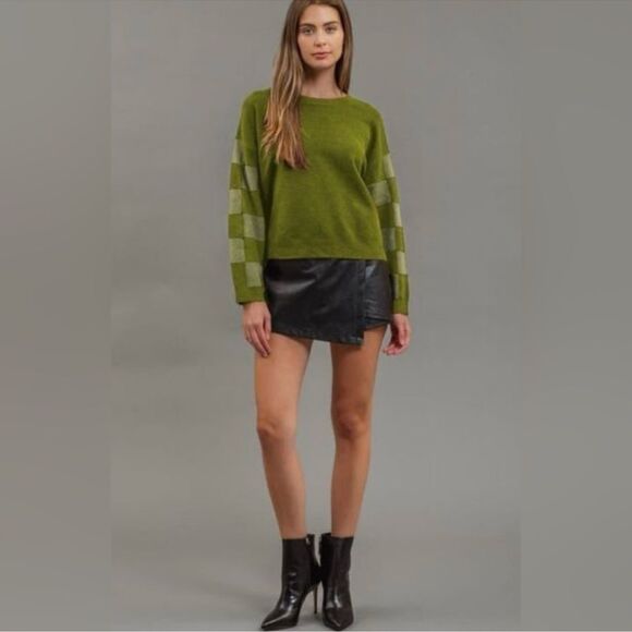 blu pepper XL Olive Moth Green Heather Knit Crew Checker Sleeve Boxy Sweater - Picture 4 of 15